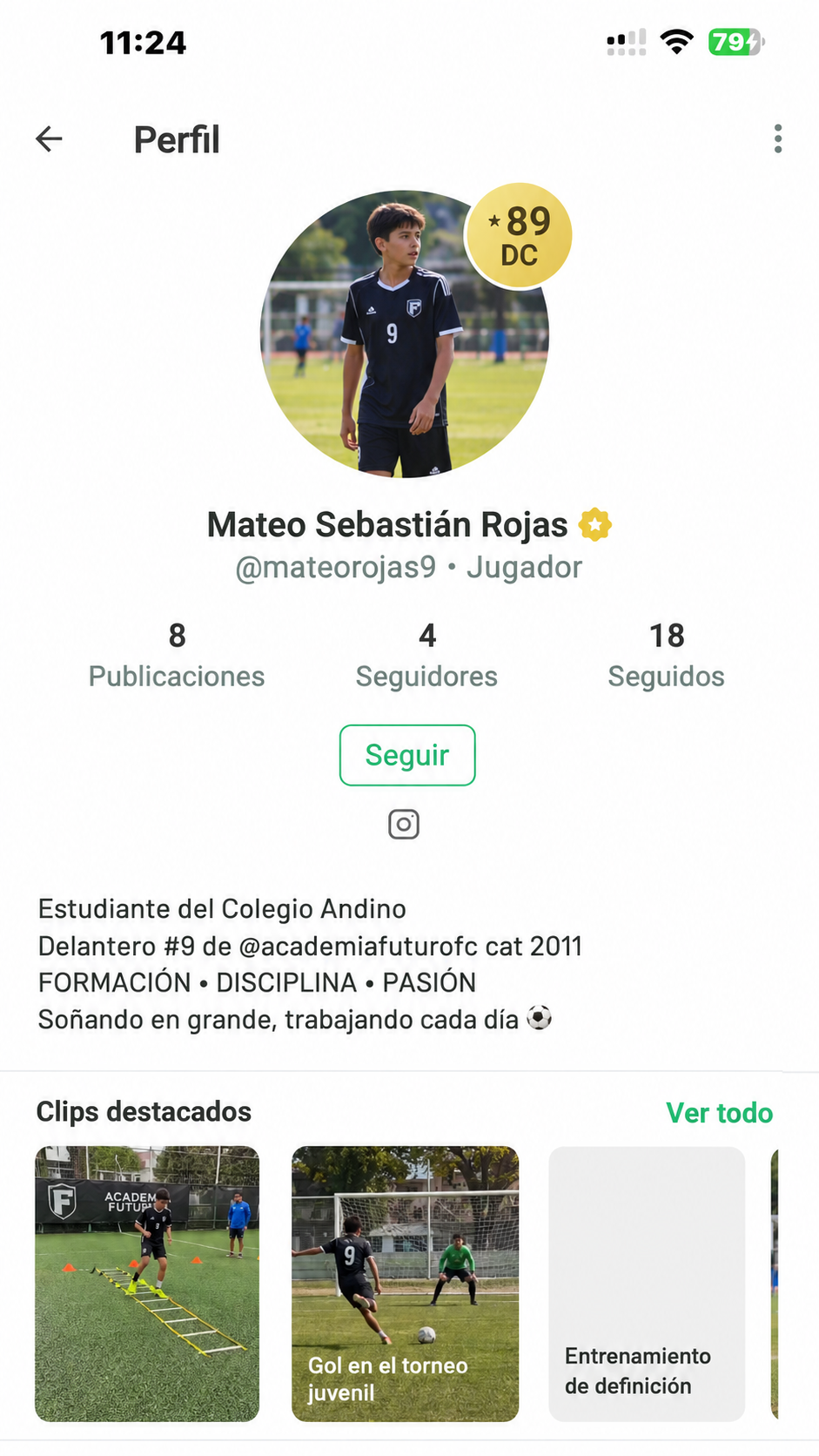 Ejemplo de perfil de jugador en Baloa: Mateo Sebastián Rojas